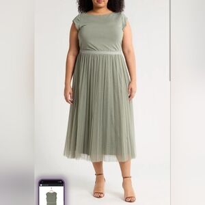 DR2 By Daniel Rainn Cap Sleeve Tulle Overlay Dress Size 2X In Washed Agave Green